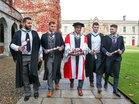 Connacht rugby players Saba Meunargia (B.A. Hons), Jack Dineen (B. Comm Hons), Eoghan Masterson (B.A. Hons) and Conor Finn (B.A. Hons), who all graduated at NUI Galway this week, with Connacht Rugby Head Coach Pat Lam, who was conferred an Honorary Doctorate of Arts. 