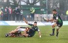 Connacht v Leicester Tigers Heineken Champions Cup Round 3 game at the Sportsground.<br />
Connacht’s Jarrad Butler and Tiernan O’Halloran … tackled by Ollie Chessum, Leicester Tigers 