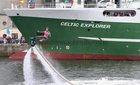 Ladies Flyboard champion Kristen Smoyer in action powering through the air in front of the Celtic Explorter during SeaFest at the Docks last weekend.