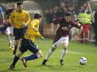 Galway United v St. Patrick's Athletic Premier Division game at Terryland Park.<br />
Galway United's Brian Cash and Derek Pender, St. Patrick's Athletic