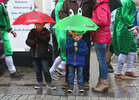 Umbrellas go up as the rain comes down while awaiting the St Patrick's Day parade in the city centre.