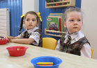 Pupils during their first day at school in Junior Infants at Scoil Fhursa this week.