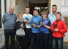 Rory O'Donnellan, coach, Shane Fitzsimons, Under 12 B Most Improved Player, Eoghan Folan, Under 12 B Player of the Year, Finian O Laoi, Under 12 A Player of the Year, Conor Kilbane, Under 12 B Most dedicated Player, Gerry Cox, coach, and Aodan Comerford, Under 12 A Most Dedicated Player, at the Barna Furbo United FC annual awards presentation at the Connemara Coast Hotel.