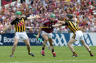 Galway v Kilkenny Leinster Senior Hurling Championship final replay at Semple Stadium, Thurles.<br />
Galway's Niall Burke and Kilkenny's Paul Murphy and Enda Morrissey