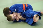 Barry Treacy, Castlegar Judo Club (orange belt) and Sean Thornton, Knocknacarra Judo Club, competing at the Connacht Judo Championships in the Knocknacarra Community Centre.