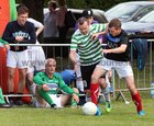 James Feeney, Cookes Thatch Bar (right) and Alan Grant, West United, in action during the quarter finals of the Shantalla 5 A-Sides