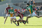 Galway v Offaly Leinster Senior Hurling Championship Round-Robin 1 game at O'Connor Park, Tullamore.<br />
Galway's Conor Whelan and Offaly's Ben Conneely and David King