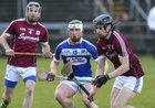 Galway v Laois 3rd round game in the Allianz National Hurling League at the Pearse Stadium.<br />
Galway's Sean Loftus and Padraic Mannion and Ross King, Laois.