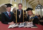 Dr. Jim Browne, President of NUI Galway, with Charlie Byrne, founder and owner of Charlie Byrne’s Bookshop at the Cornstore in Middle Street, and playwright, poet and painter, Patricia Burke Brogan, both of whom who were conferred with the Honorary degrees of Masters of Arts at NUI Galway this week.