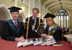 Dr. Jim Browne, President of NUI Galway, with Charlie Byrne, founder and owner of Charlie Byrne’s Bookshop at the Cornstore in Middle Street, and playwright, poet and painter, Patricia Burke Brogan, both of whom who were conferred with the Honorary degrees of Masters of Arts at NUI Galway this week.