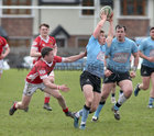 Galwegians v Cashel Ulster Bank All Ireland League Division 2A game at Crowley Park.<br />
Morgan Codyre and Jason East, Galwegians, and Richard Kingston, Cashel.<br />
