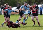 Galwegians RFC v Rainey Old Boys RFC Ulster Bank All-Ireland League Division 2A final match at Crowley Park, Galway<br />
Galwegians Dave Nolan, supported by Jarlath Naughton..Defending are Adam Kirk of Rainey Old Boys and on ground Kieran Donaghy.