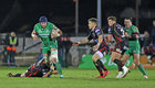 Cionnacht v Newport Gwent Dragons Guinness PRO12 game at the Sportsground.<br />
Connacht's John Muldoon tackled by Brock Harris, Dragons