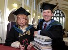 Playwright, poet and painter, Patricia Burke Brogan, and Charlie Byrne, founder and owner of Charlie Byrne’s Bookshop at the Cornstore in Middle Street, both of whom were conferred with the Honorary degrees of Masters of Arts at NUI Galway this week.