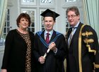 Charlie Byrne, founder and owner of Charlie Byrne’s Bookshop at the Cornstore in Middle Street, who was conferred with the Honorary degree of Masters of Arts at NUI Galway this week, pictured with his wife Kathy De Hora and Dr. Jim Browne, President of the college.