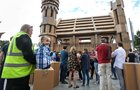 The People Build replica of the Aula Maxima at NUI Galway, built from cardboard boxes and tape, after it was built over the weekend at Eyre Square as part of Galway International Arts Festival.   