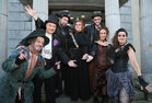 Members of the cast at the Town Hall Theatre this week before going on stage on the opening night of the Galway Musical Society production of Lionel Bart’s Oliver. From left: Patrick Byrne (Fagin), Cian Forde (Chorus), Niall Conway (Mr Bumble), Heather Colohan (Widow Corney), Keith Hanley (Bill Sykes), Sarah Corcoran (Nancy) and Tanya Reid-O'Brien (Chorus).<br />
<br />
