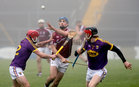 Galway v Wexford Round two of the Allianz Dvivision 1B hurling league at the Pearse Stadium.<br />
Galway's Johnny Coen and Wexford's Barry Carton and Diarmuid O'Keeffe