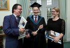 Charlie Byrne, founder and owner of Charlie Byrne’s Bookshop at the Cornstore in Middle Street, who was conferred with the Honorary degree of Masters of Arts at NUI Galway this week, is pictured with Vinny Brown and Carmel McCarthy of the bookshop.