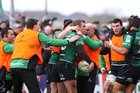 Connacht v Gloucester Heineken Cup Pool 6 game at the Sportsground.<br />
Gavin Duffy and squad players celebrate after scoring try