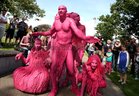 Pink aliens run riot in Eyre Square as they explore the city and interact with people in a hilarious way as part of the Galway International Arts Festival. 'The Invasion' was performed by Slovenian street theatre atists, Ljud.  