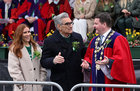 Mayor of Galway, Cllr Peter Keane, witth Canadian actor Eugene Levy, best known for his role in the television series Schitt's Creek and the film American Pie,  with ............ on at Eyre Square to watch the Galway city St Patrick's Day parade. Eugene, who was involved in the filming of part of an Apple TV travel programme, received the title of International Guest of Honour when he arrived at the parade.
