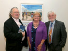 Artist Geraldine Folan at the opening of her exhibition, “A Year on the Prom”, with James Harrold, Galway City Council Arts Officer (left), and Tom Kenny of Kennys Bookshop and Art Gallery who opened the exhibition, at the Connacht Tribune Printworks Gallery in Market Street.
