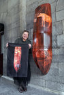 Dolores Lyne with her exhibit displayed at the Quadrangle at NUI Galway for Culture Night. The exhibition of the 21 bespoke painted currachs, commissioned to celebrate 21 years of Árus Éanna, the Inis Óirr Arts Centre on The Aran Islands, was hosted by NUI Galway.