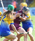 Galway v Clare All-Ireland Camogie Championship game at Kenny Park, Athenry.<br />
Galway’s Niamh Kilkenny and Clare’s Niamh O’Dea and Susan Daly 