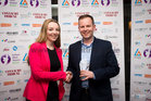 At the Online Marketing in Galway Awards in the Town Hall Theatre on Wednesday 8th April 2015 were:<br />
<br />
Aoife Kelly of IMS Marketing with Robert O'Halloran of Vespa.ie which won the award for best website.<br />
<br />
Photo by Julia Dunin