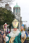 St Patrick greeting participants as they arrive at University of Galway for The Galway City St Patrick’s Day Parade.