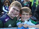 Young Connacht supporters Matthew and Danny Harty from Tawin Island, Oranmore, at the Guinness PRO12 semi-final against Glasgow Warriors at the Sportsground.<br />

