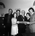 Inis Oírr man Thomas A Joyce (22) being presented by Mayor of Galway, Ald Fintan Coogan TD, with a certificate for Deed of Bravery awarded by Comhairle na Mire Gaille in November 1974. While working as one of three lightkeepers unloading goods at Inistearaght Lighthouse, he risked his life to save keeper-in-charge C.J. Harrington from certain death. According to the citation, Mr Harrington fell head over heels down the cliff rail incline when Mr Joyce stepped out, grabbed him and slowed the fall. 'Had it not been for Mr. Joyce's action, there is no doubt that Mr. Harrington would have continued to fall down the smooth concrete incline railway and been killed on striking the concrete wall at the bottom of the rock,'� it added.