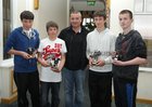 Oisin Devenish, Under 13 Most Improved Player, Damien Roche, Under 13 A Most Dedicated Player, Sean Walsh, coach, Antoine O Laoi, Special Merit Award, and Ian Kent, Under 13 A Player, at the Barna Furbo United FC annual awards presentation at the Connemara Coast Hotel.