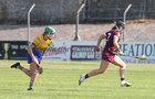 Galway v Clare All-Ireland Camogie Championship game at Kenny Park, Athenry.<br />
Galway’s Dervla Higgins and Clare’s Aoife Keane