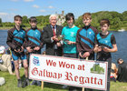 John Forde, Chairman of Galway Regatta Committee, presenting the Colaiste na Coiribe crew with their trophy after they won the Junior 16 Mens Quad event at Galway Regatta last Saturday. From left: Daniel Ó Núalain, Ben McNulty, Jamie Corcoráin, James Hall and Jack McNulty.