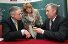 The Minister for Jobs, Enterprise and Innovation Richard Bruton, Mary Buckley, Head of Regional Development and Property Division, IDA, and David Toohey, President of Business Operations with Alere, during the new jobs announcement by Global healthcare company Alere at the Clayton Hotel last Friday