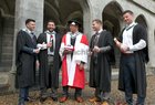 Connacht rugby players Conor Finn (B.A. Hons), Saba Meunargia (B.A. Hons), Jack Dineen (B. Comm Hons) and Eoghan Masterson (B.A. Hons), who all graduated at NUI Galway this week, with Connacht Rugby Head Coach Pat Lam, who was conferred an Honorary Doctorate of Arts. 