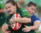 Connacht v Leinster Vodafone Women’s Interprovincial Championship game at the Sportsground.<br />
Connacht's Meabh Deely on way to sore Connacht's first try is tackled by Leinster's Katie Whelan