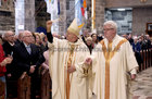 Bishop Brendan Kelly, the new Bishop of Galway, Kilmacduagh and Apostolic Administrator of Kilfenora, blesses the congregation during his Installation at Galway Cathedral on Sunday. Bishop Kelly is accompanied by Canon Michael McLoughlin, outgoing Diocesan Administrator,