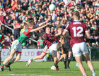 Galway v Mayo All-Ireland minor football final in Hyde Park, Roscommon.<br />
Galway’s Fionn O’Connor and Mayo’s John MacMonagle and Diarmuid Duffy