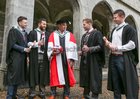Connacht rugby players Conor Finn (B.A. Hons), Saba Meunargia (B.A. Hons), Jack Dineen (B. Comm Hons) and Eoghan Masterson (B.A. Hons), who all graduated at NUI Galway this week, with Connacht Rugby Head Coach Pat Lam, who was conferred an Honorary Doctorate of Arts. 