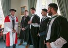 Connacht Rugby Head Coach Pat Lam, who was conferred an Honorary Doctorate of Arts at NUI Galway, with Connacht players who were conferred with their degrees at the college this week. From left: Jack Dineen (B. Comm Hons), Eoghan Masterson (B.A. Hons), Conor Finn (B.A. Hons) and Saba Meunargia (B.A. Hons), 