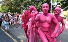 Pink aliens run riot in Eyre Square as they explore the city and interact with people in a hilarious way as part of the Galway International Arts Festival. 'The Invasion' was performed by Slovenian street theatre atists, Ljud.  