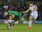 Connacht v Ulster Guinness PRO14 game at the Sportsground.<br />
Connacht's Matt Healy tackled by Ulsters Darren Cave and Craig Gilroy (right)