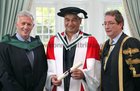 Connacht Rugby Head Coach Pat Lam, who was conferred an Honorary Doctorate of Arts at NUI Galway this week, pictured with Michael Heskin, Director of Sport and Physical Activity, and Dr Jim Browne, President of the college.