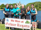 John Forde, Chairman of Galway Regatta Committee, presenting the Colaiste na Coiribe crew with their trophy after they won the Junior 15 Women’s Quad event at Galway Regatta last Saturday. From left: Alanna Ní Thuairisg, Aoife Sessions, Rachel Ní Chorcoráin, Caitriona McHugh and Emma Dolan.