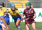 Galway v Clare All-Ireland Camogie Championship game at Kenny Park, Athenry.<br />
Galway’s Catherine Finnerty and Clare’s Roisin McMahon 