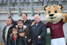 Galway United supporters, cousins Owen Tierney and Colm Garvey (front) and, from left: Martin Naughton, Alan Garvey, Joyce Naughton and Mike Murphy, with Galway United mascot Terry the Tiger at the First Division League game against Cork City FC at Eamonn Deacy Park last Friday evening.<br />

