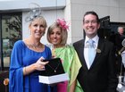 Aine Burke, Cara Diamonds presents Sacha Curran, Roscam, with her prize for the best dressed lady at the Clayton Hotel on Ladies at Ballybrit. Also in the picture is Darragh O'Connor, Clayton Hotel. 